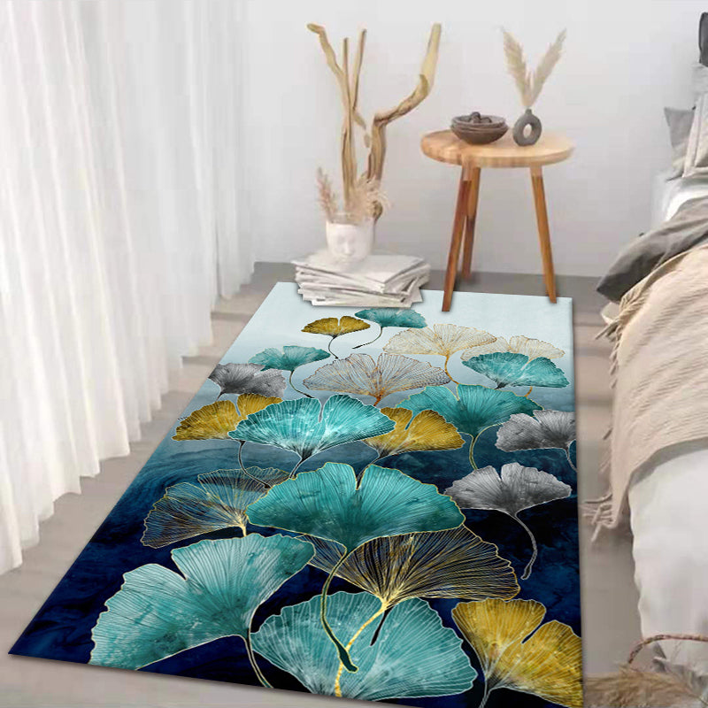 Stylish Modern Area Rug Blue Plant Pattern Area Carpet Polyester Non-Slip Rug for Bedroom