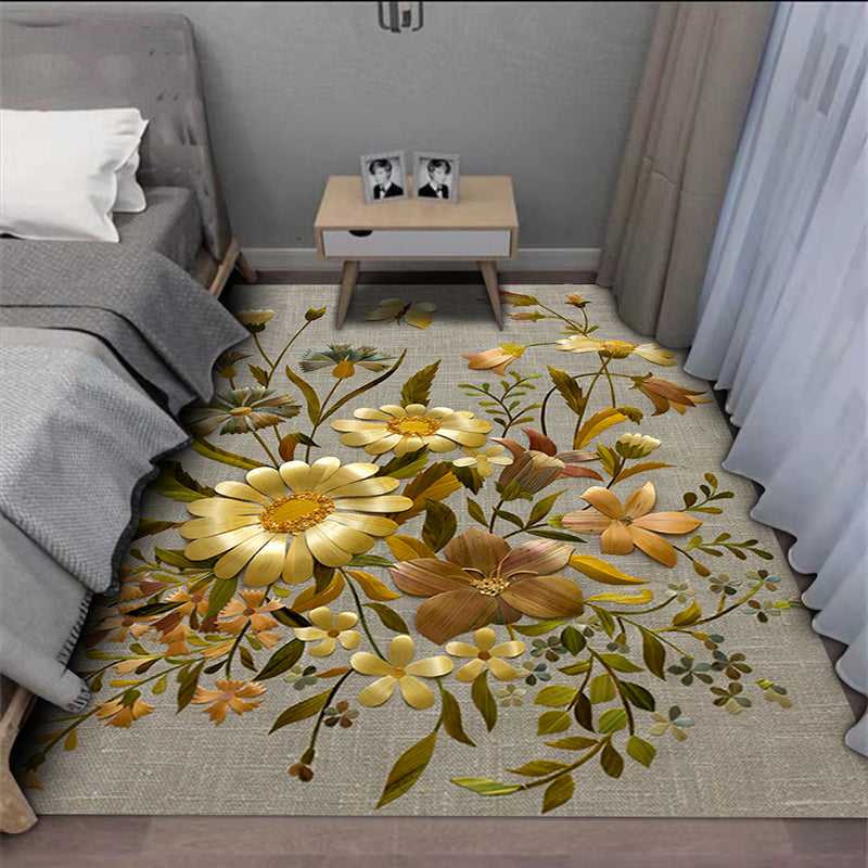 Stylish Modern Area Rug Blue Plant Pattern Area Carpet Polyester Non-Slip Rug for Bedroom