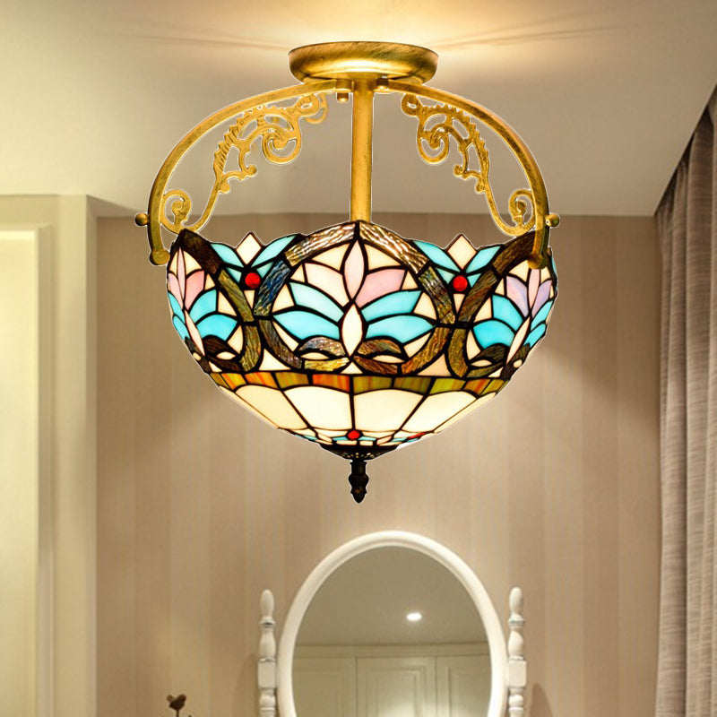 2 Lights Semi Flush Mount Lighting Mediterranean Petal Stained Glass Ceiling Lamp in Yellow/Brown/Blue for Bedroom