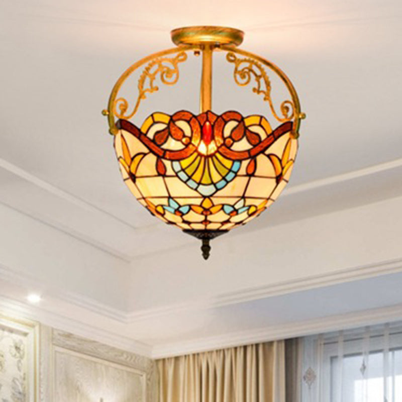 2 Lights Semi Flush Mount Lighting Mediterranean Petal Stained Glass Ceiling Lamp in Yellow/Brown/Blue for Bedroom