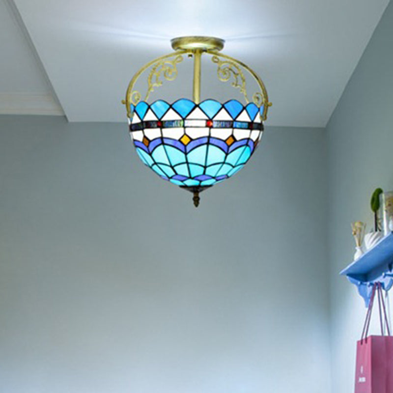 2 Lights Semi Flush Mount Lighting Mediterranean Petal Stained Glass Ceiling Lamp in Yellow/Brown/Blue for Bedroom