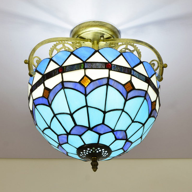 2 Lights Semi Flush Mount Lighting Mediterranean Petal Stained Glass Ceiling Lamp in Yellow/Brown/Blue for Bedroom