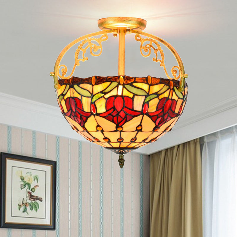 Mediterranean Petal Semi Mount Lighting 2 Lights Stained Art Glass Close to Ceiling Lamp in Yellow