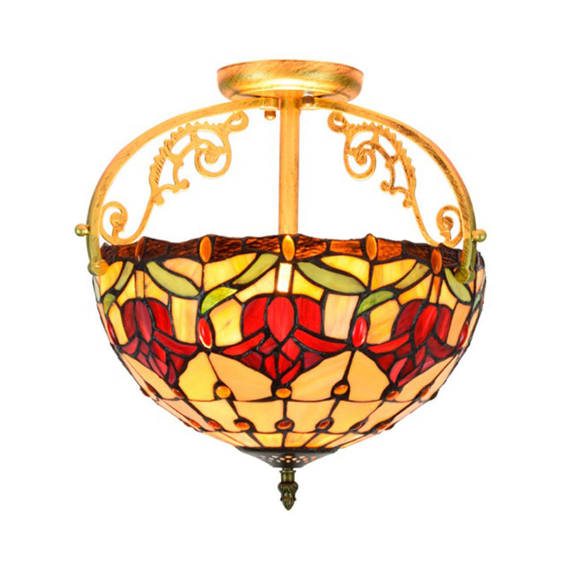 Mediterranean Petal Semi Mount Lighting 2 Lights Stained Art Glass Close to Ceiling Lamp in Yellow
