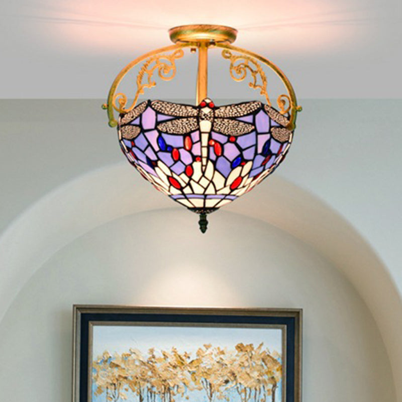 2 Lights Kitchen Semi-Flush Mount Mediterranean Beige/Red/Orange Close to Ceiling Lighting with Dragonfly Cut Glass Shade