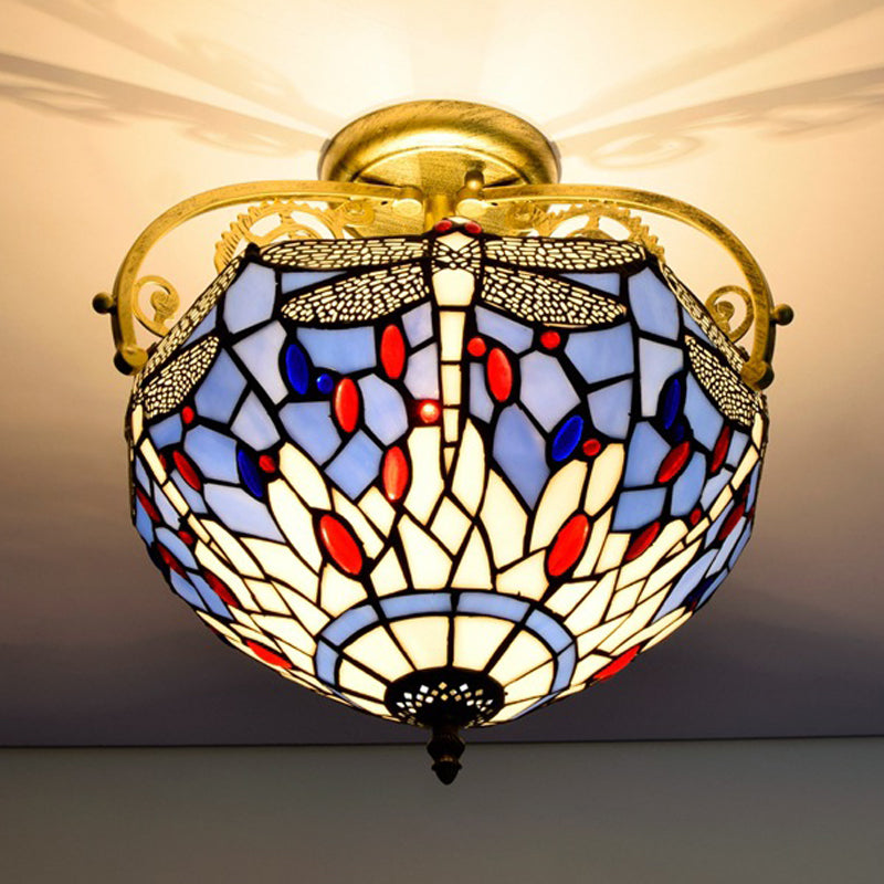 2 Lights Kitchen Semi-Flush Mount Mediterranean Beige/Red/Orange Close to Ceiling Lighting with Dragonfly Cut Glass Shade