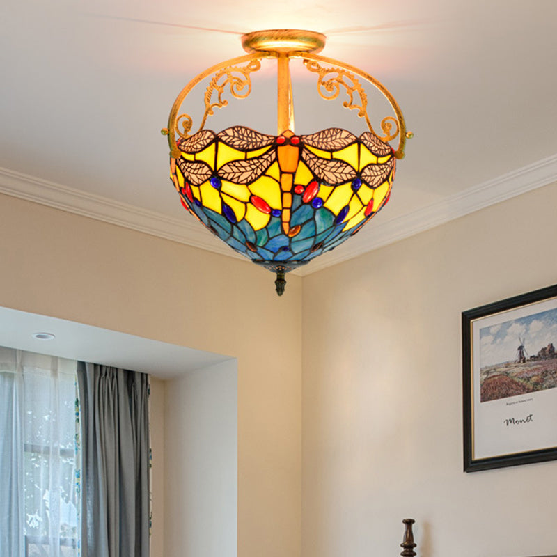 2 Lights Kitchen Semi-Flush Mount Mediterranean Beige/Red/Orange Close to Ceiling Lighting with Dragonfly Cut Glass Shade