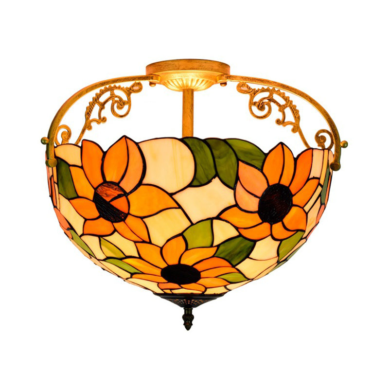 Vidrio cortado Rose Semi Flush Lighting Mediterranean 3 luces beige/rosa/naranja accesorio montado en el techo