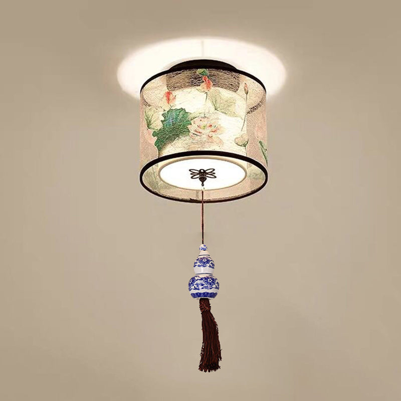 Quadratisch/Rund Flush Mount Licht Stoff Schatten Chinesische Stil Bündig Deckenleuchte