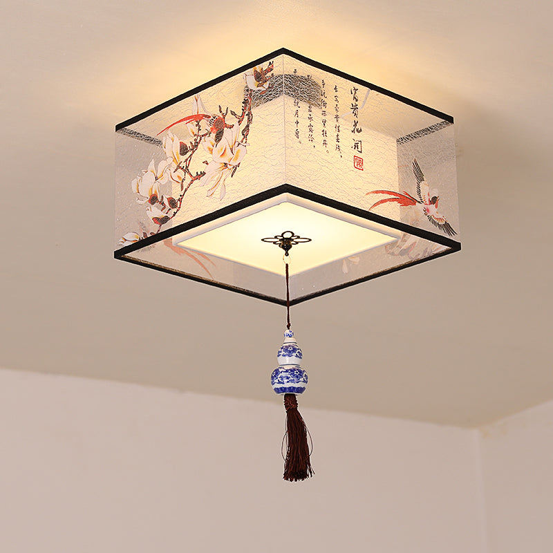 Quadratisch/Rund Flush Mount Licht Stoff Schatten Chinesische Stil Bündig Deckenleuchte