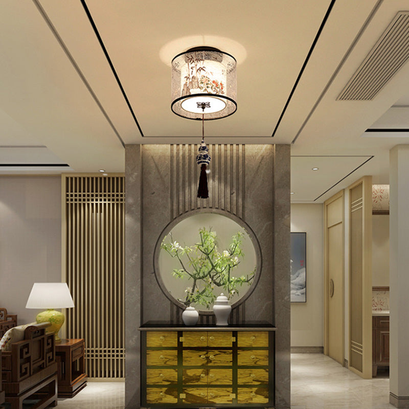Quadratisch/Rund Flush Mount Licht Stoff Schatten Chinesische Stil Bündig Deckenleuchte