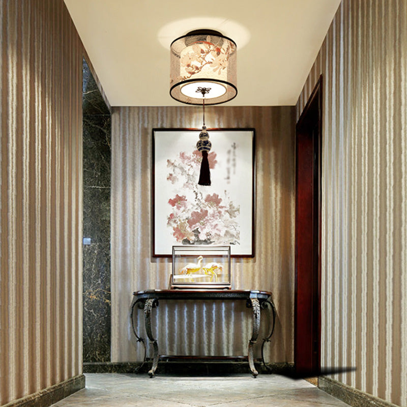 Quadratisch/Rund Flush Mount Licht Stoff Schatten Chinesische Stil Bündig Deckenleuchte
