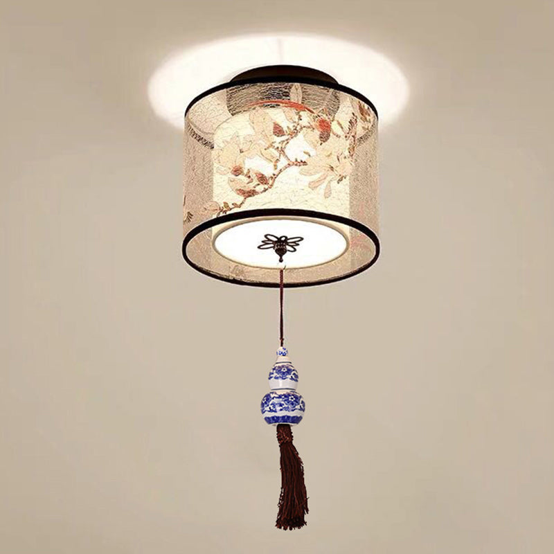 Quadratisch/Rund Flush Mount Licht Stoff Schatten Chinesische Stil Bündig Deckenleuchte