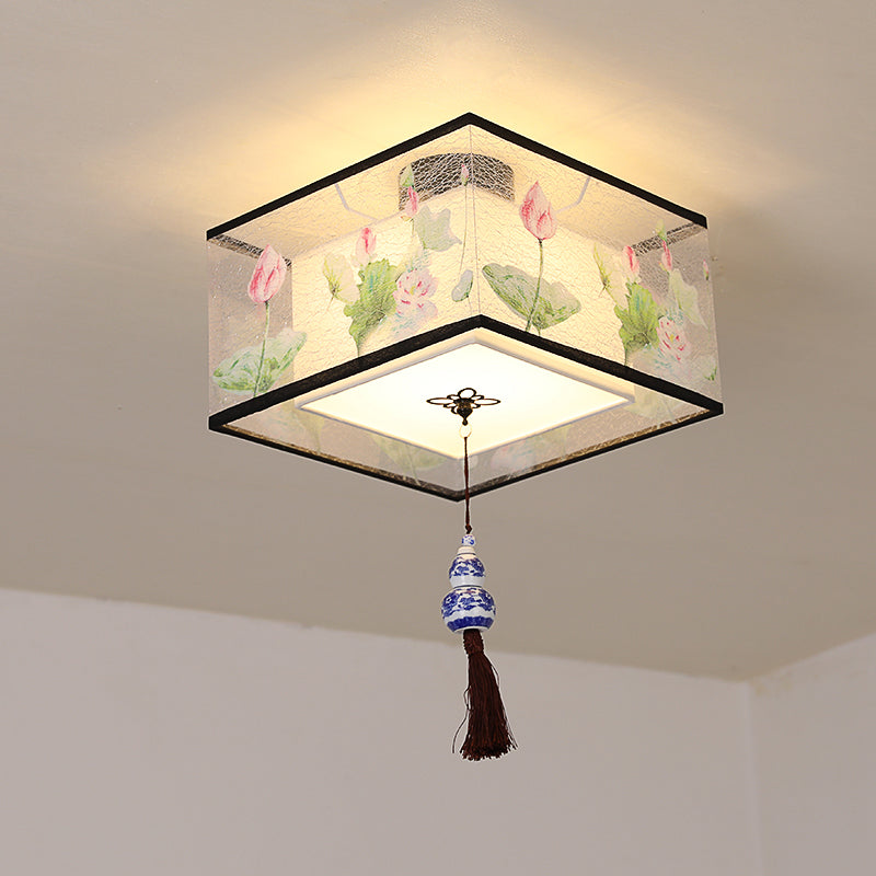 Quadratisch/Rund Flush Mount Licht Stoff Schatten Chinesische Stil Bündig Deckenleuchte