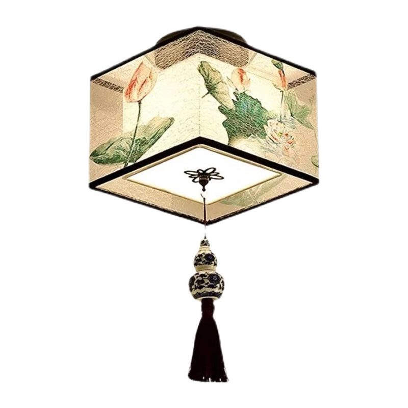 Quadratisch/Rund Flush Mount Licht Stoff Schatten Chinesische Stil Bündig Deckenleuchte