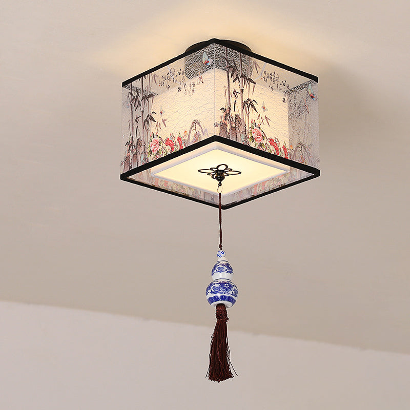 Quadratisch/Rund Flush Mount Licht Stoff Schatten Chinesische Stil Bündig Deckenleuchte