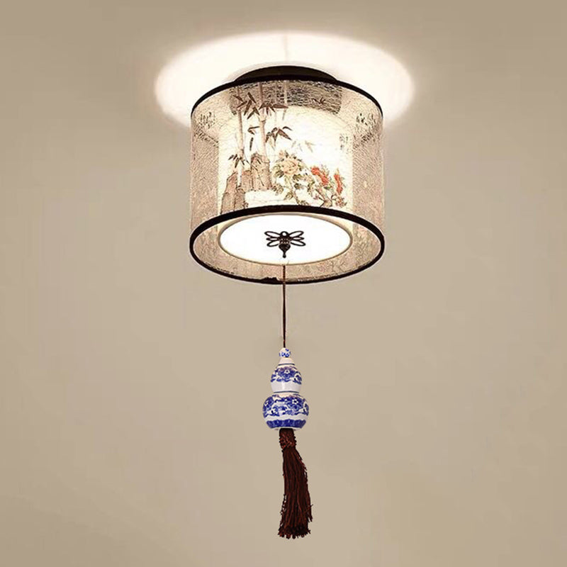 Quadratisch/Rund Flush Mount Licht Stoff Schatten Chinesische Stil Bündig Deckenleuchte