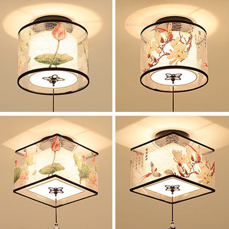 Quadratisch/Rund Flush Mount Licht Stoff Schatten Chinesische Stil Bündig Deckenleuchte