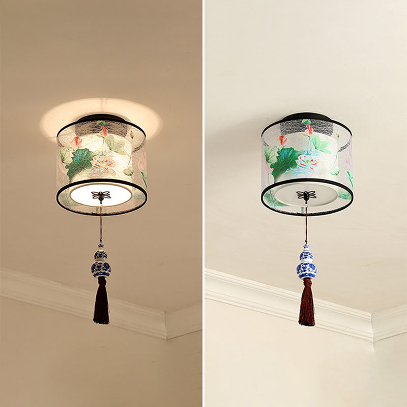 Quadratisch/Rund Flush Mount Licht Stoff Schatten Chinesische Stil Bündig Deckenleuchte