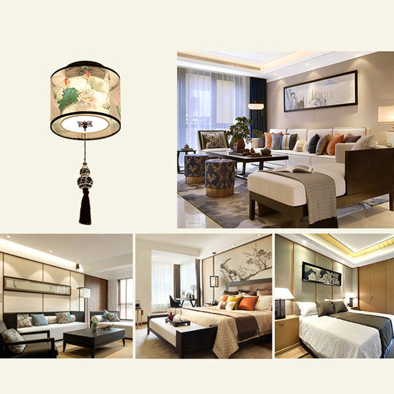 Quadratisch/Rund Flush Mount Licht Stoff Schatten Chinesische Stil Bündig Deckenleuchte