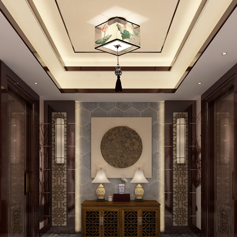 Quadratisch/Rund Flush Mount Licht Stoff Schatten Chinesische Stil Bündig Deckenleuchte