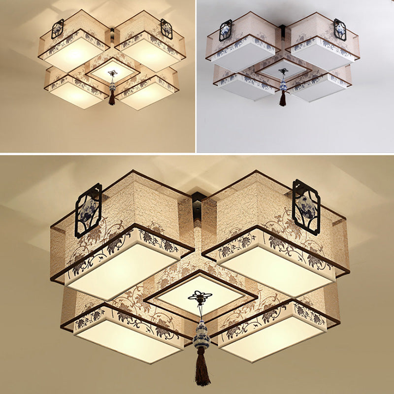 Lámpara de techo de color chino de estilo chino con sombra de tela beige para sala de estar