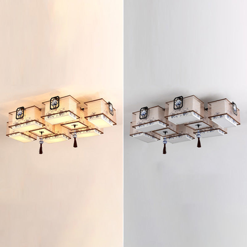 Lámpara de techo de color chino de estilo chino con sombra de tela beige para sala de estar