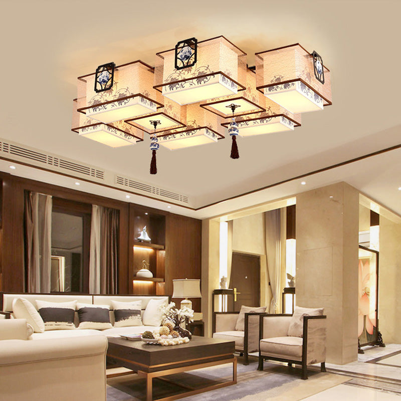 Chinese Style Flush Ceiling Light Fixture with Beige Fabric Shade for Living Room