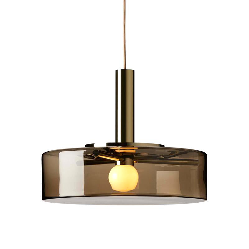 Contemporary Drum Hanging Lamp Smoke Gray Glass 1 Bulb Living Room Down Lighting Pendant