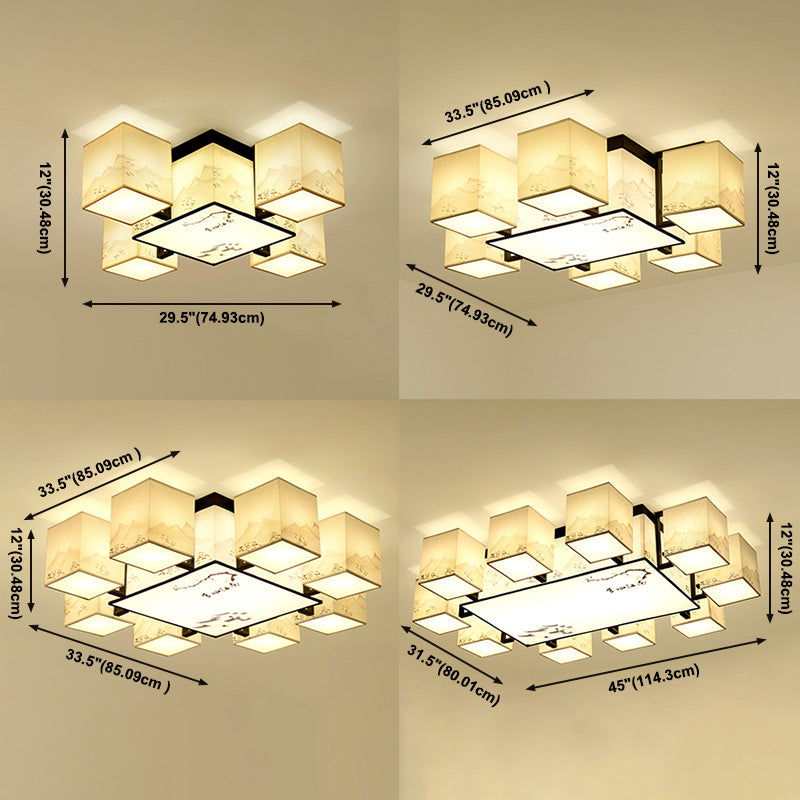 4/6/8/10 Lights Fabric Flush Mount Fixture Chinese Style Indoor Flush Ceiling Light