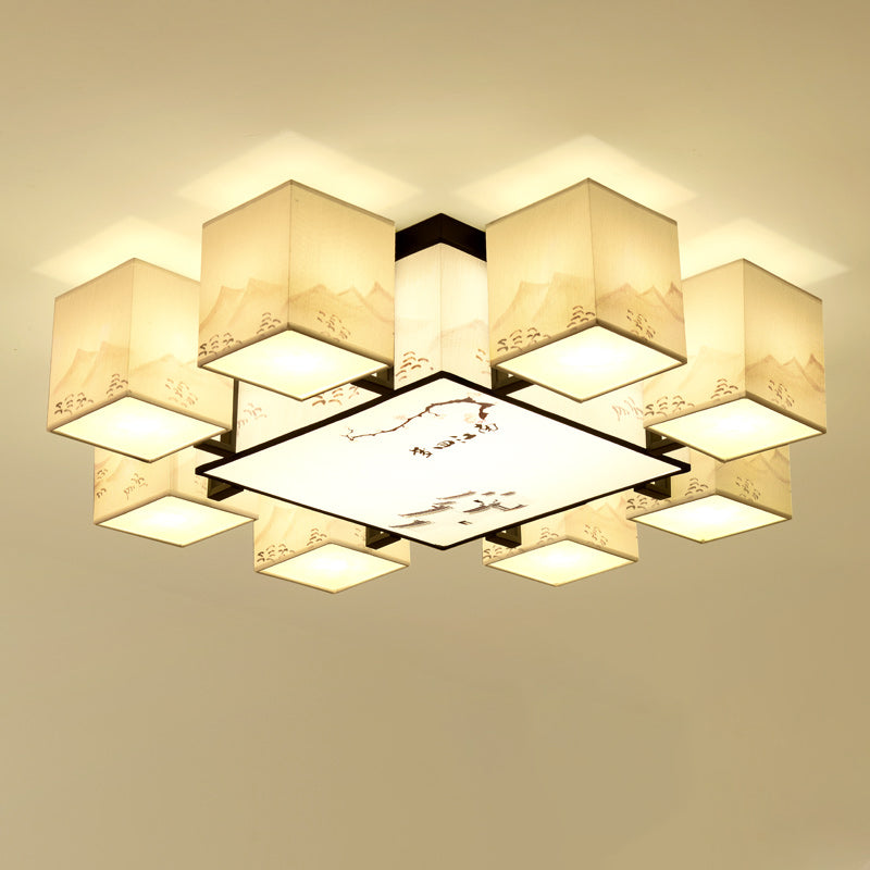 4/6/8/10 Lights Fabric Flush Mount Fixture Chinese Style Indoor Flush Ceiling Light