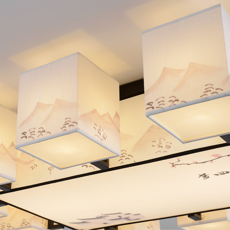 4/6/8/10 Lights Fabric Flush Mount Fixture Chinese Style Indoor Flush Ceiling Light