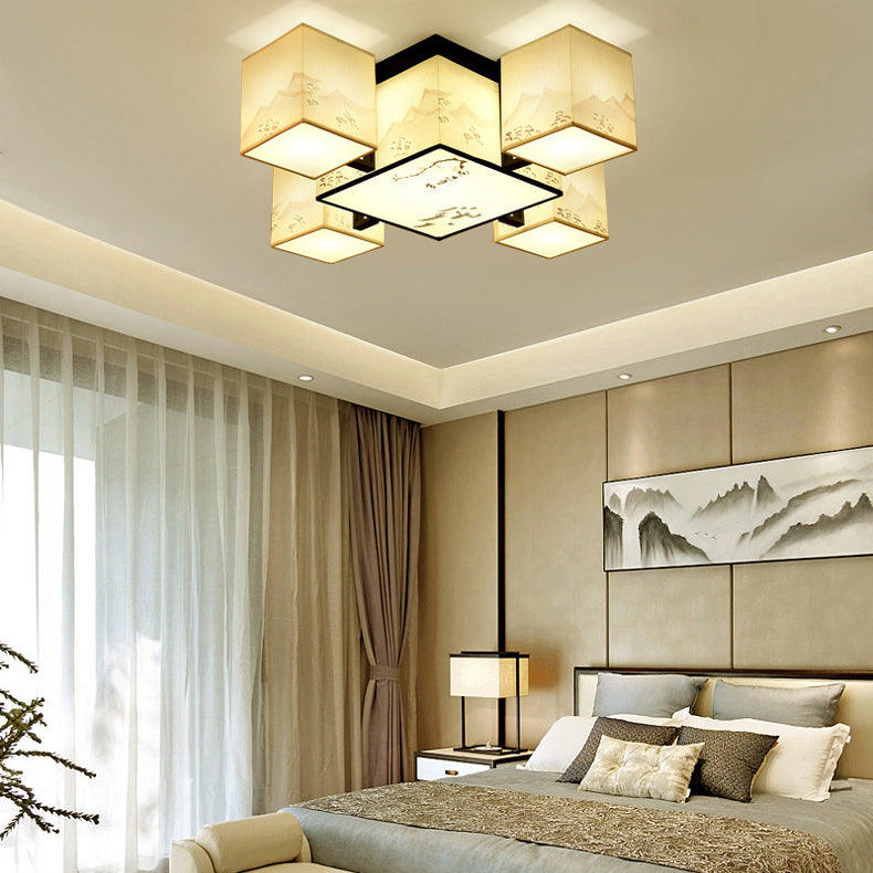 4/6/8/10 Lights Fabric Flush Mount Fixture Chinese Style Indoor Flush Ceiling Light