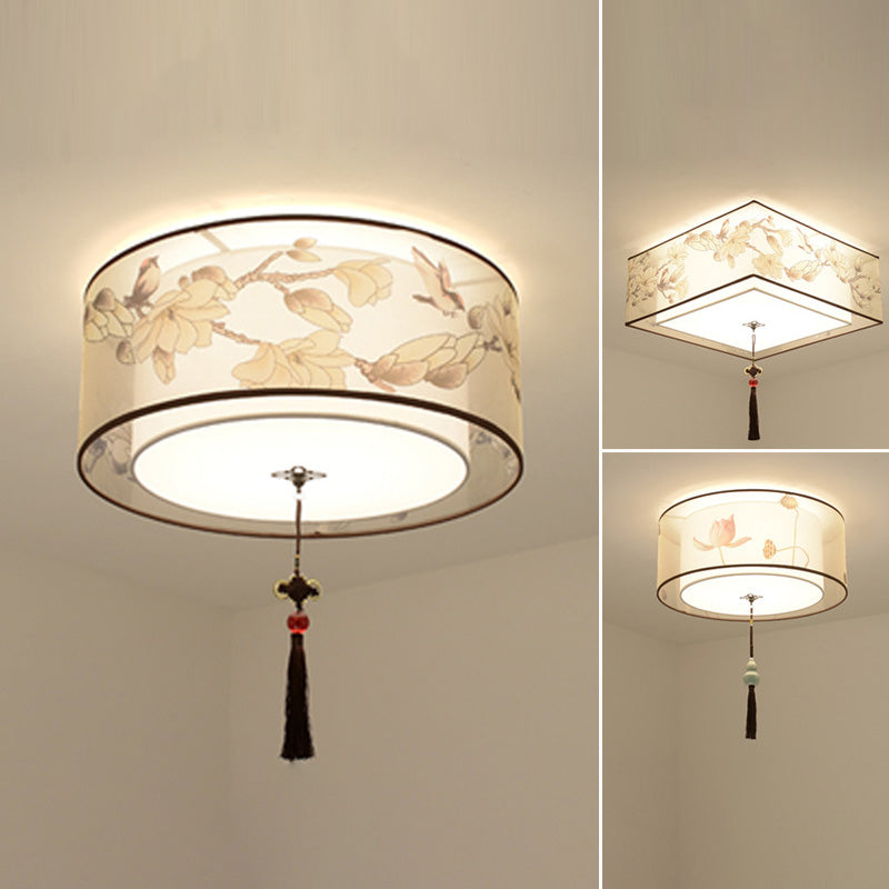 16" Wide 4 Lights Flush Mount Traditional Fabric Flush Ceiling Light in White for Bedroom