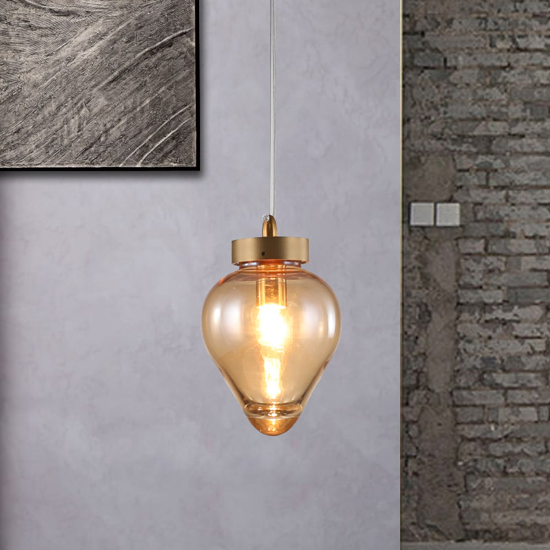 Gold Urn Pendant Lamp Modernist 1 Head Amber Glass Suspension Light for Dining Room