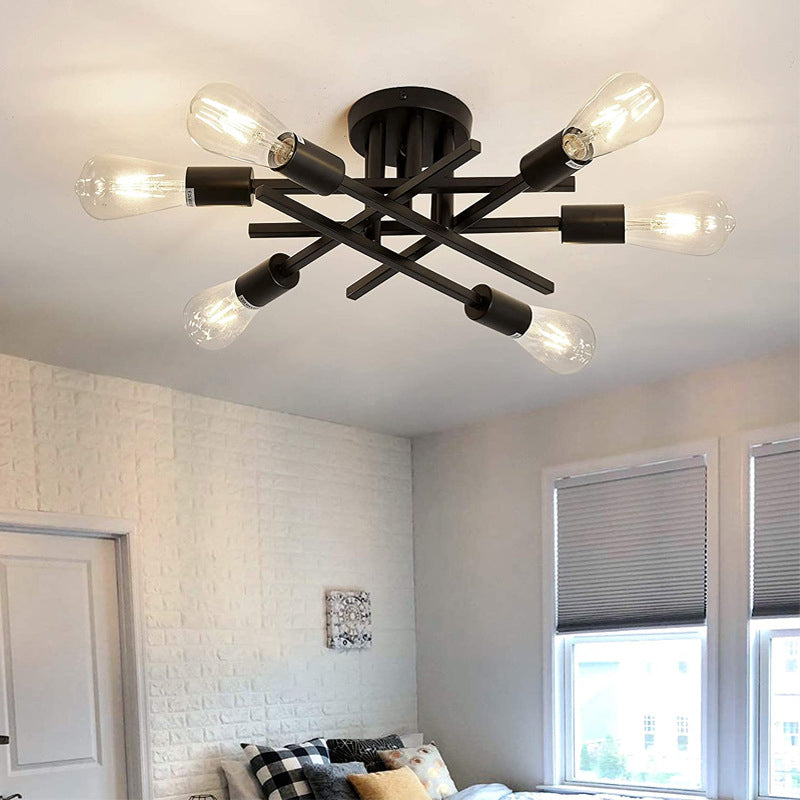 Sputnik Design Bedroom Semi Flush Vintage Metal Multi Light Ceiling Flush Mount in Black