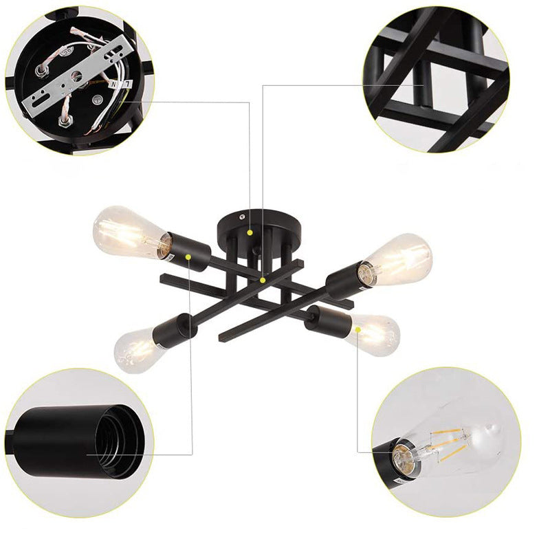 Sputnik Design Bedroom Semi Flush Vintage Metal Multi Light Ceiling Flush Mount in Black
