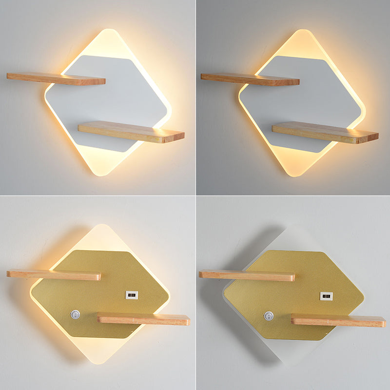 Geometric Shaped Wall Light Modern Acrylic Bedroom LED Sconce Light with Wooden Rack