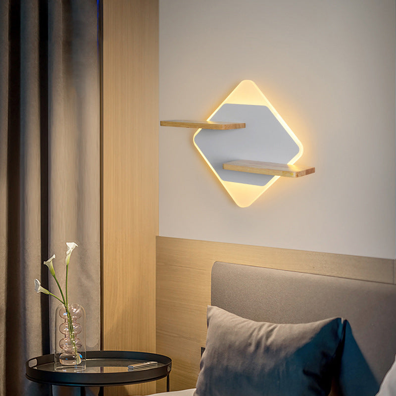Geometric Shaped Wall Light Modern Acrylic Bedroom LED Sconce Light with Wooden Rack