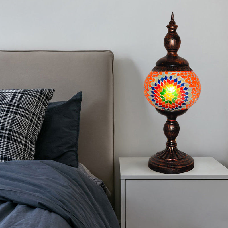 Stained Glass Orange Table Lamp Tower 1 Head Traditional Nightstand Light for Study Room