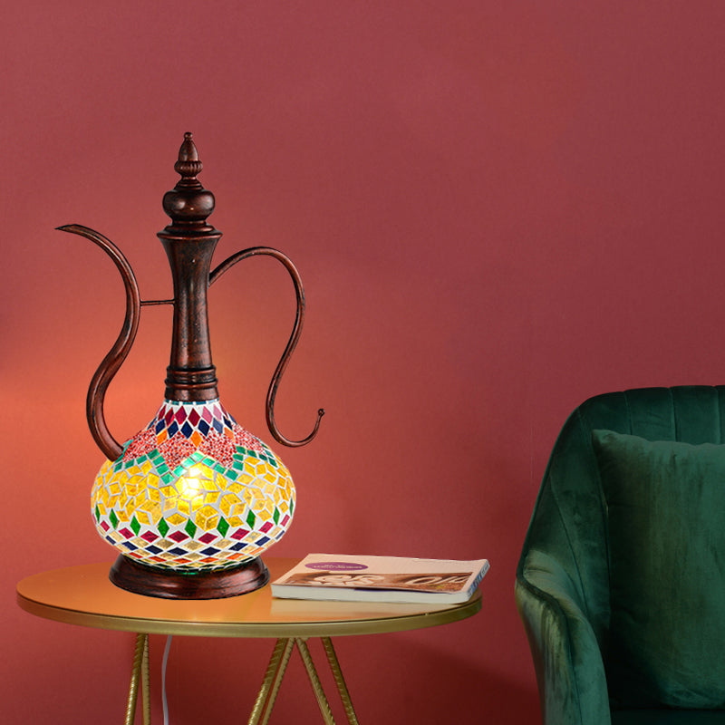 Teapot Shape Bedroom Table Lamp Art Deco Yellow Stained Glass 1 Light Copper Night Light