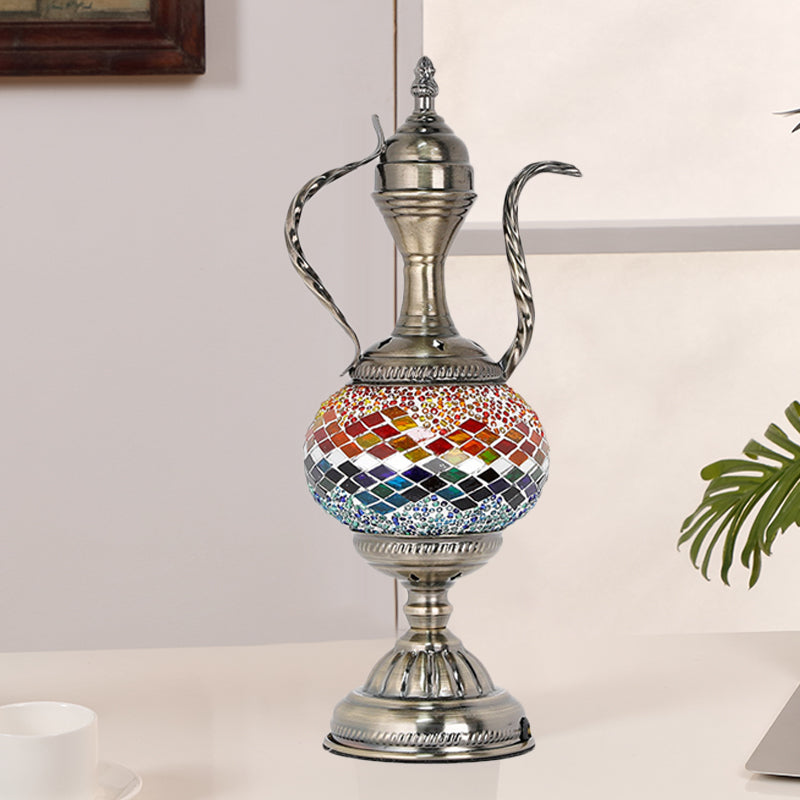 Vintage Teapot Shaped Night Table Lamp 1 Bulb Pink/Purple/Blue and Purple Stained Glass Nightstand Light for Bedroom
