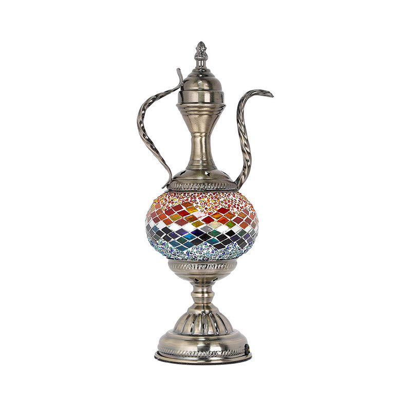 Vintage Teapot Shaped Night Table Lamp 1 Bulb Pink/Purple/Blue and Purple Stained Glass Nightstand Light for Bedroom