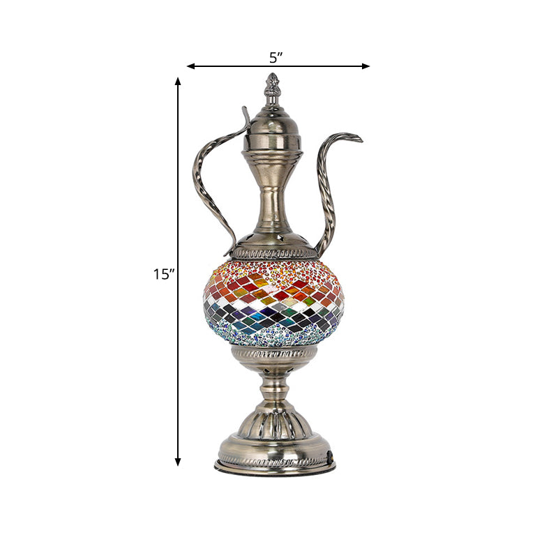 Vintage Teapot Shaped Night Table Lamp 1 Bulb Pink/Purple/Blue and Purple Stained Glass Nightstand Light for Bedroom