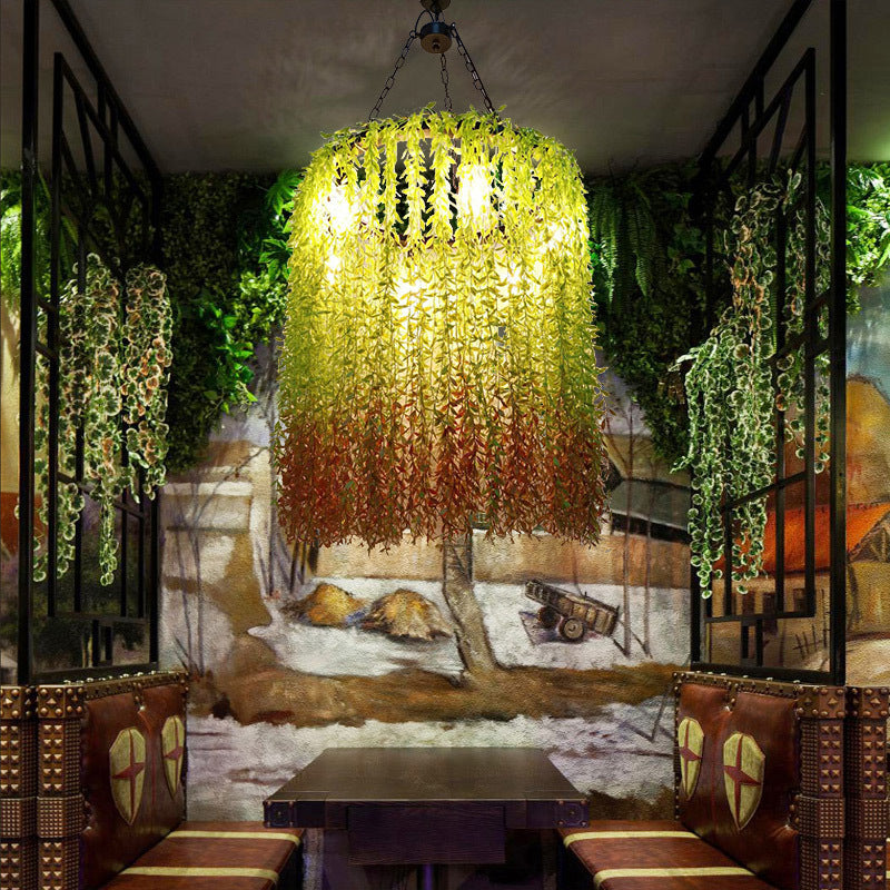 6 têtes Cylindre lampe à lustre industrielle Éclairage de suspension en métal vert industriel avec décoration végétale