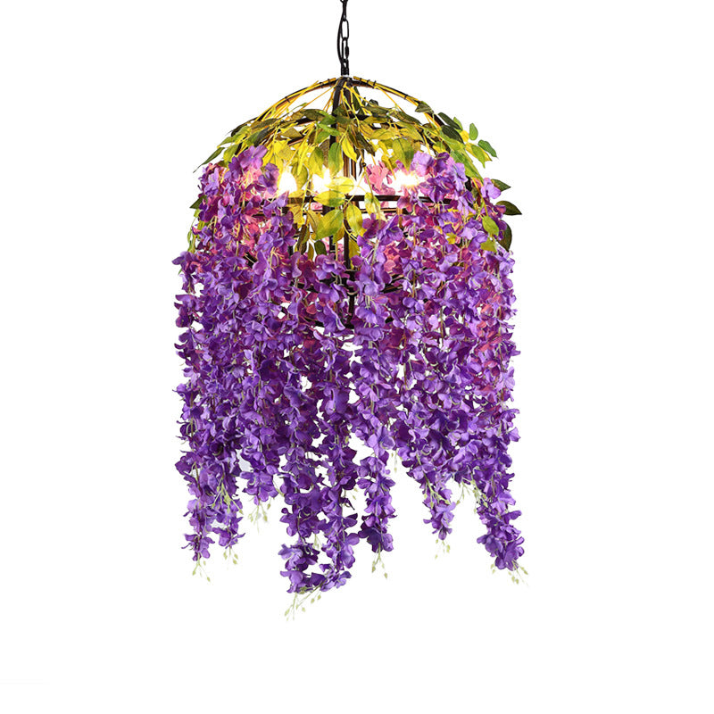 Pink/Purple 4/5 Heads Pendant Chandelier Industrial Metal Dome Hanging Lamp Kit with Plant Design, 18"/21.5" Wide