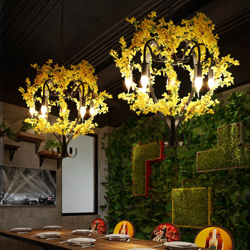 5 Heads Lantern Ceiling Pendant Industrial Yellow Metal Chandelier Light with Flower Decoration