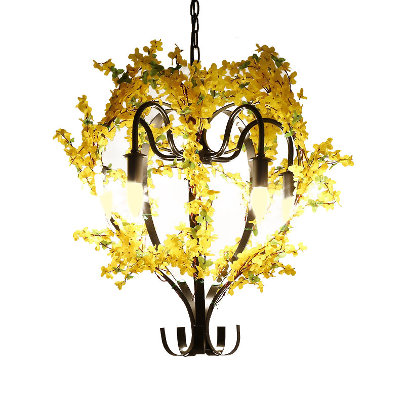 5 Heads Lantern Ceiling Pendant Industrial Yellow Metal Chandelier Light with Flower Decoration