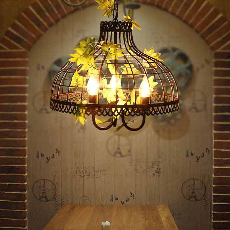 Metal Dome Ceiling Pendant Light Industrial 3 Heads Restaurant Hanging Chandelier with Flower Decoration in Black