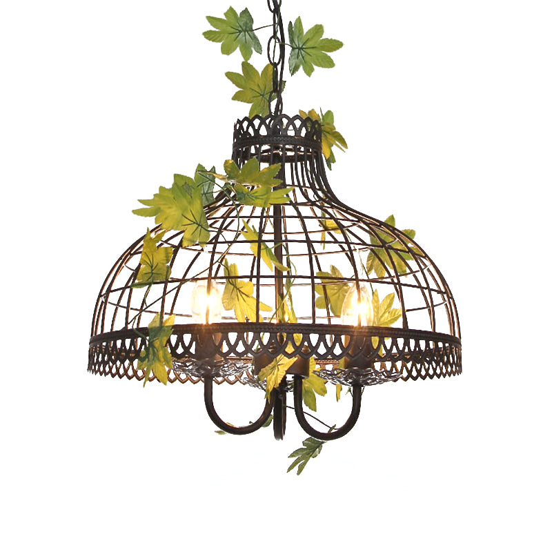 Metal Dome Ceiling Pendant Light Industrial 3 Heads Restaurant Hanging Chandelier with Flower Decoration in Black